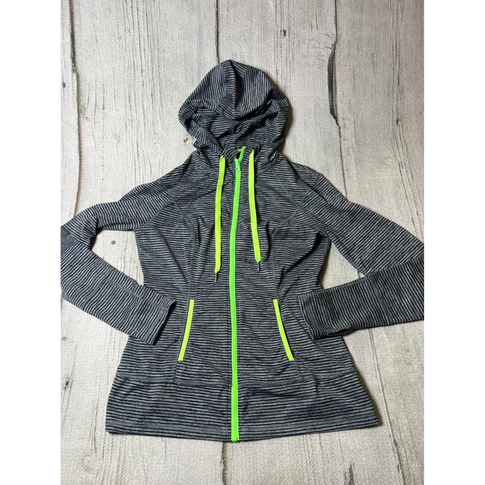 LUKKA Full Zip Hoodie Womens Medium Gray Neon Green Athletic Sporty Striped